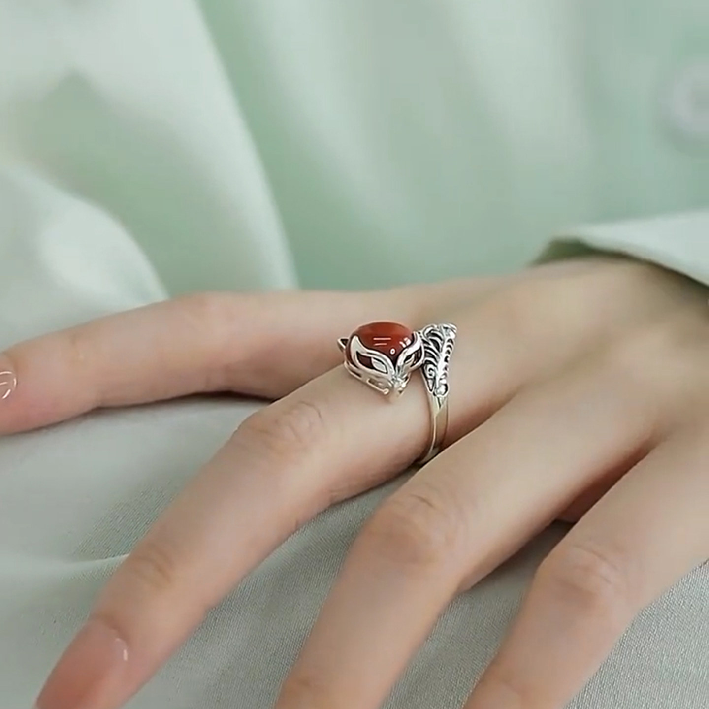 复古南红玛瑙狐狸戒指女新中式国风小众文艺范开口可调节指环饰品