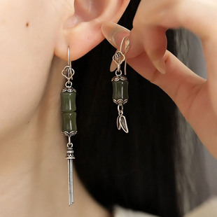 复古碧绿竹节流苏耳环女款新中式国风轻奢耳坠不对称小众设计耳饰