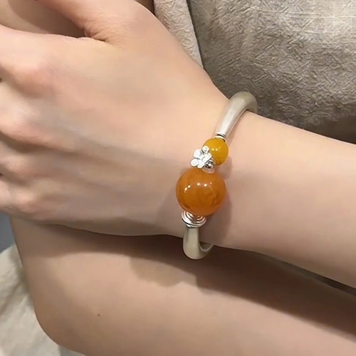 民族风蜜蜡黄圆珠弯管花朵手镯女新中式国风高级气质百搭开口手环