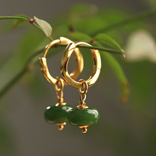 复古碧绿圆珠耳扣女款新中式国风轻奢耳环高级感小众设计耳坠耳圈