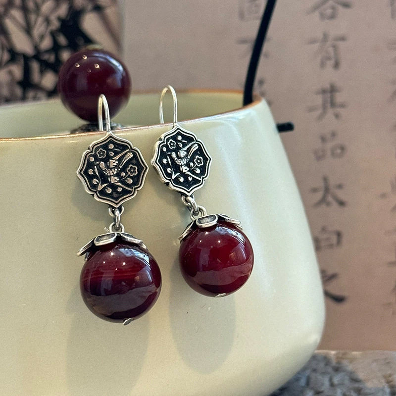 复古梅花喜鹊耳环镶嵌玛瑙做旧工艺中国风高级感新中式耳坠耳饰品