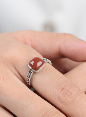 复古蕾丝镂空方糖戒指新中式国风红色食指指环活口可调节百搭饰品