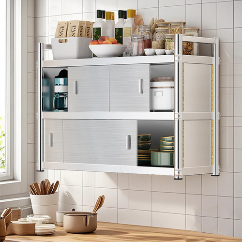 加厚不锈钢厨房置物架橱柜挂墙壁挂式储物柜推拉门上墙吊柜调料架