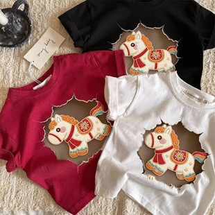 男童短袖T恤2026马年儿童新年战袍纯棉打底衫宝宝红色国风过年服