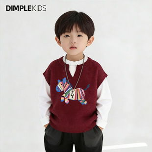 2026新年喜庆红色新年服男童长袖外穿华夫格上衣帅气套头假两件潮