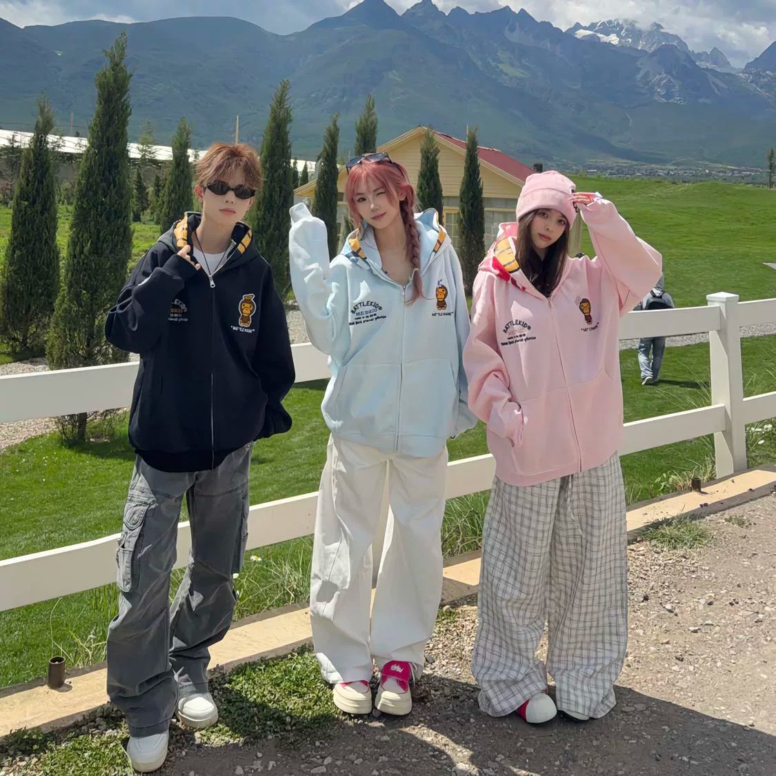 美式迷彩猿猴拼接刺绣双层卫衣女
