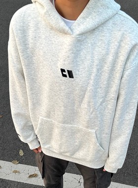 美式高街灰色字母刺绣卫衣秋冬新款加厚情侣潮流Rap宽松百搭外套