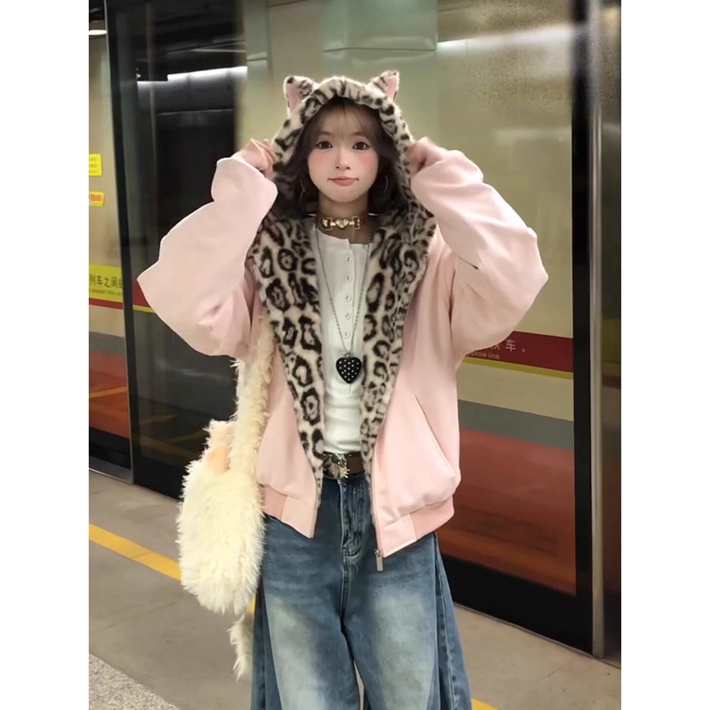 美式粉色麂皮绒豹纹连帽卫衣女冬季新款加绒加厚宽松百搭开衫外套