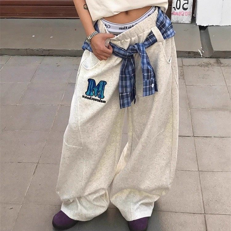 美式复古拼接OPUP格子情侣拖地裤