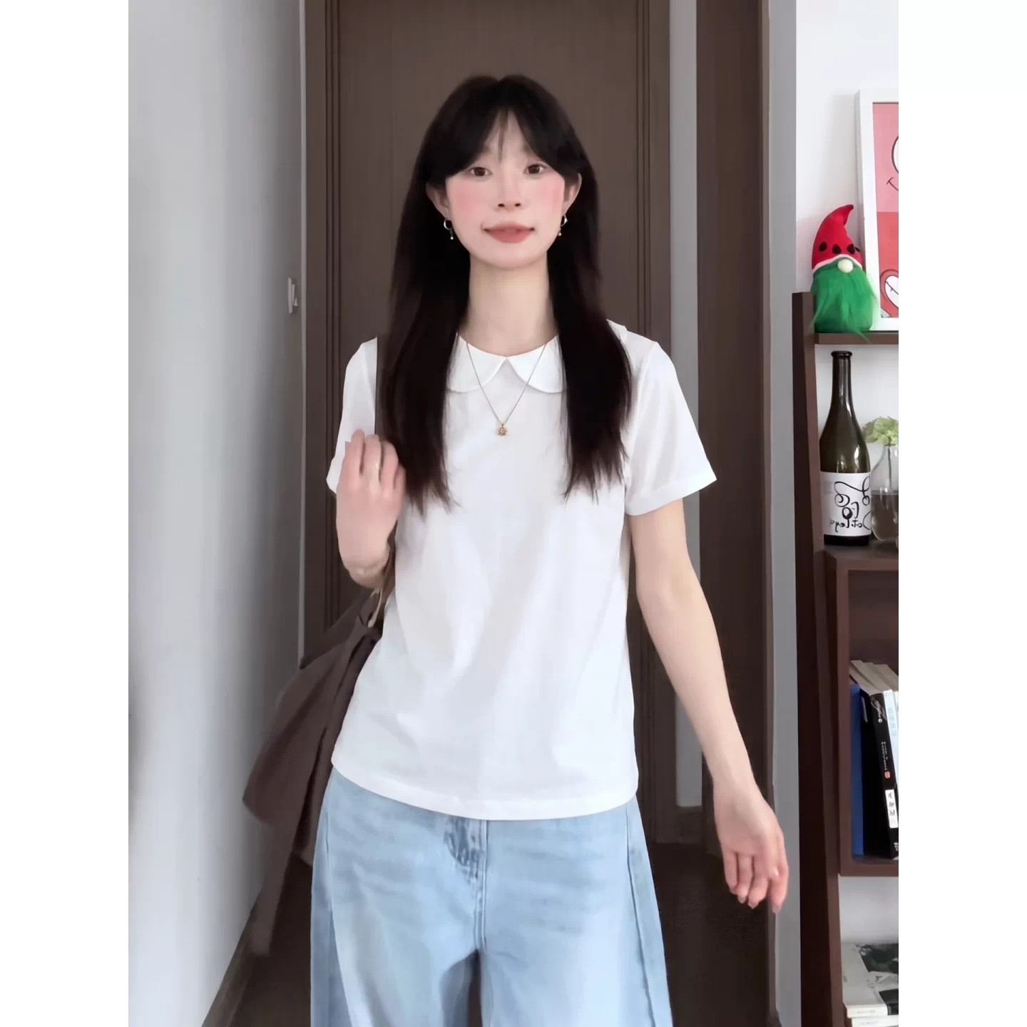 2026新款温柔风娃娃领白色短袖女