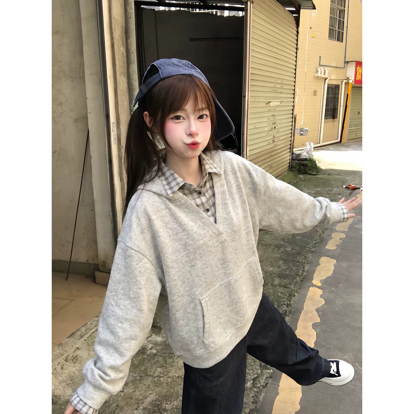 韩系格纹衬衫假两件连帽卫衣外套