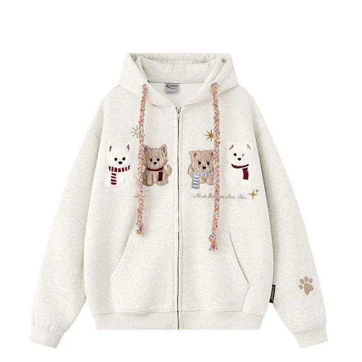 美式甜酷植绒刺绣奶系小狗卫衣女