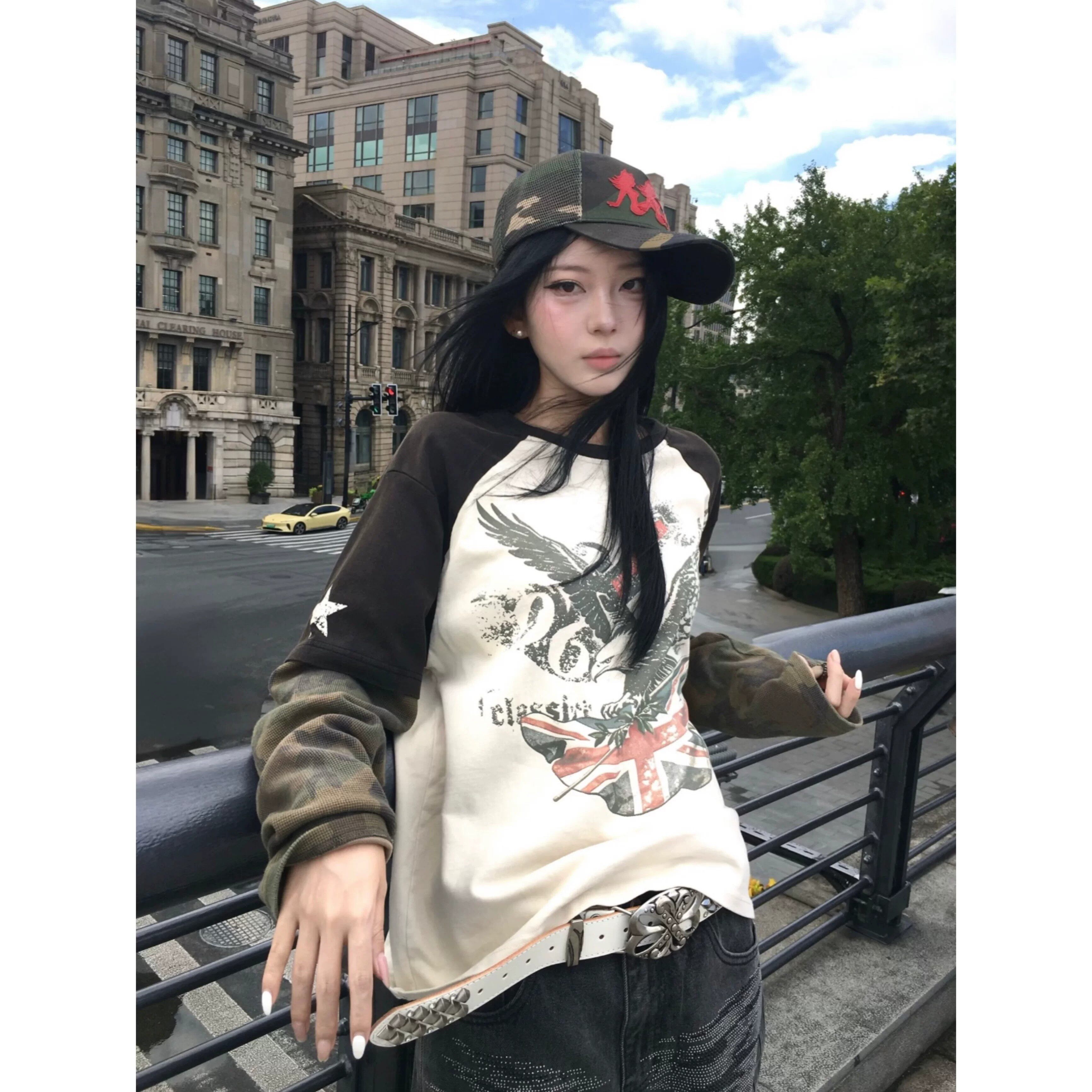 美式迷彩猎鹰旗帜复古假两件长袖