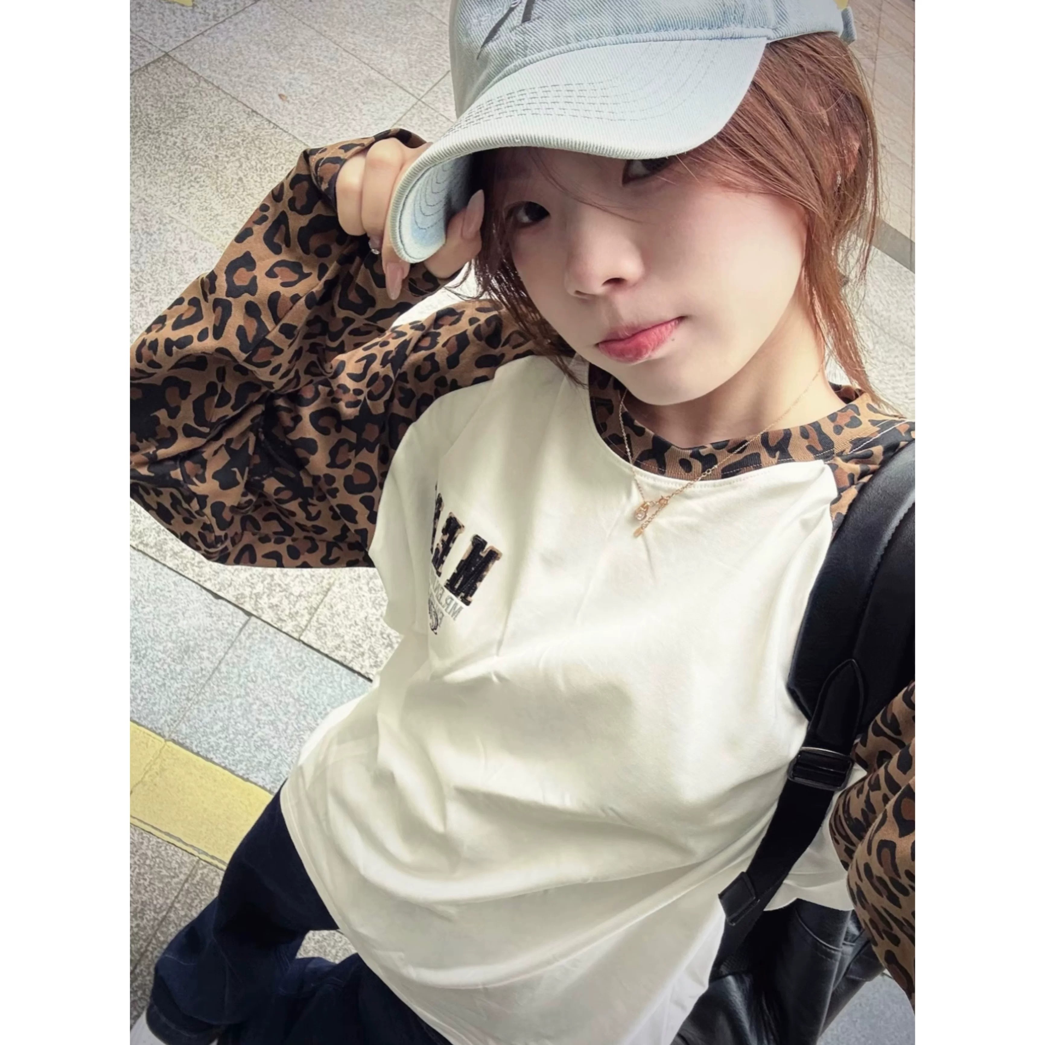 美式撞色复古豹纹插肩长袖t恤女
