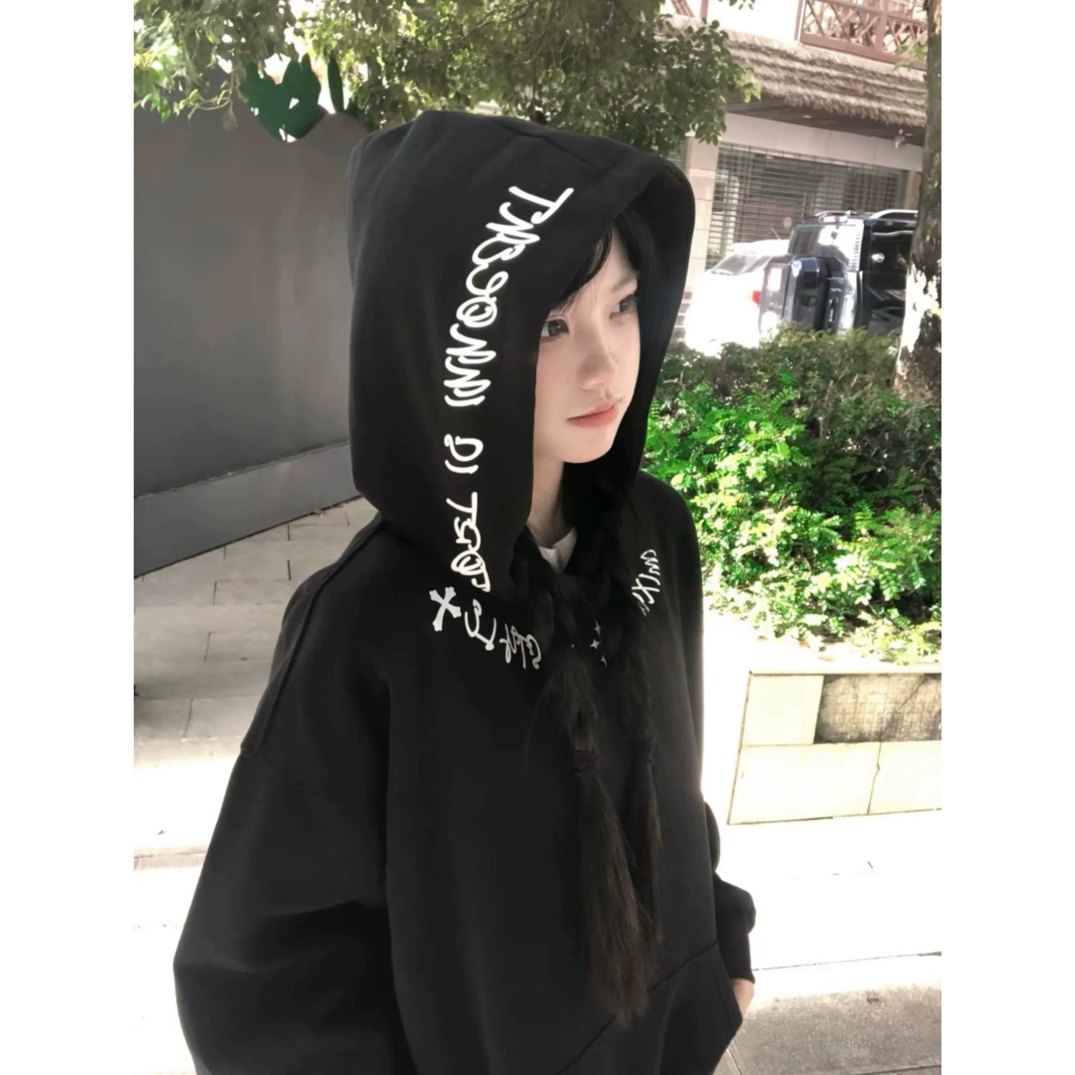 美式潮流哥特字连帽印花情侣卫衣