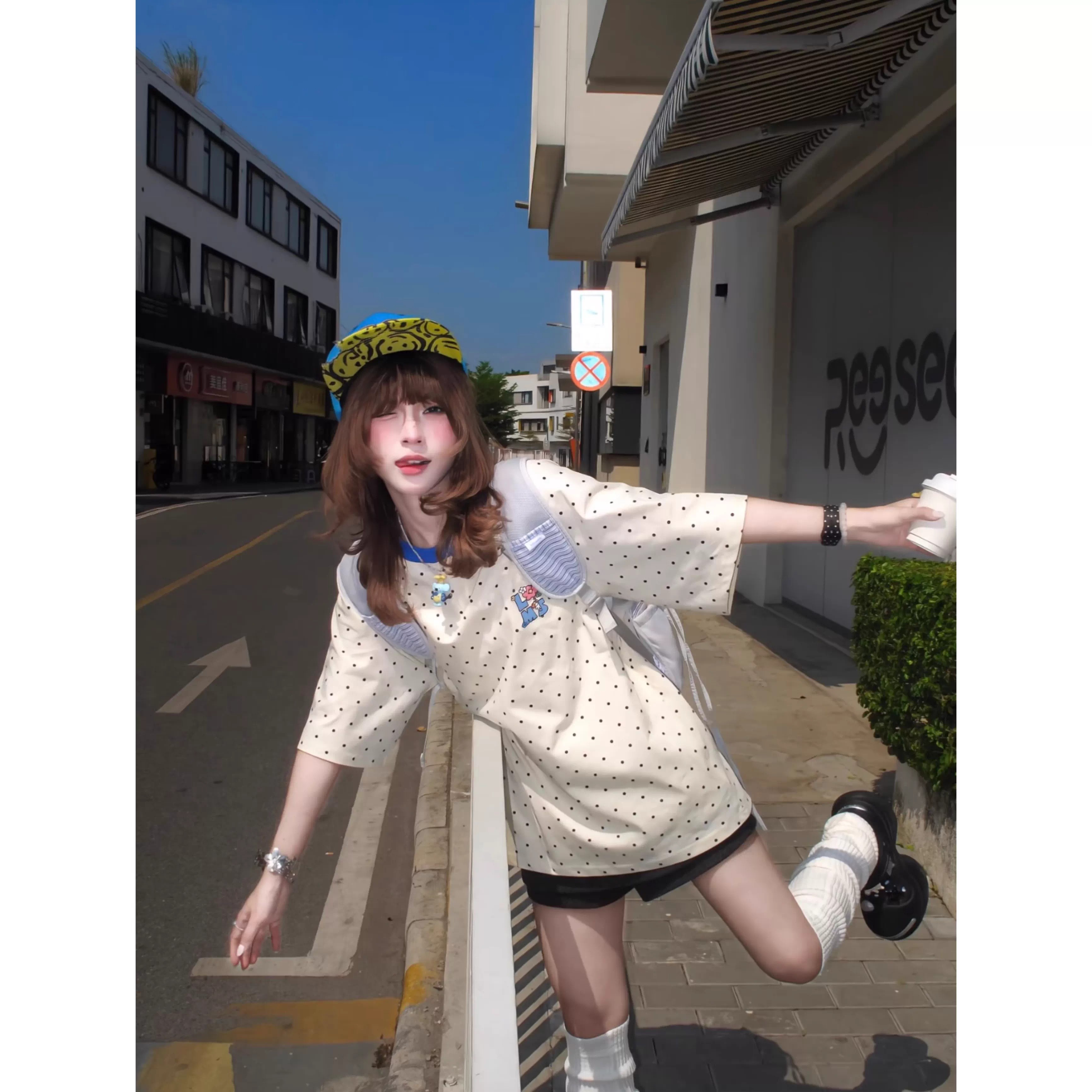 美式潮流波点印花字母短袖t恤女