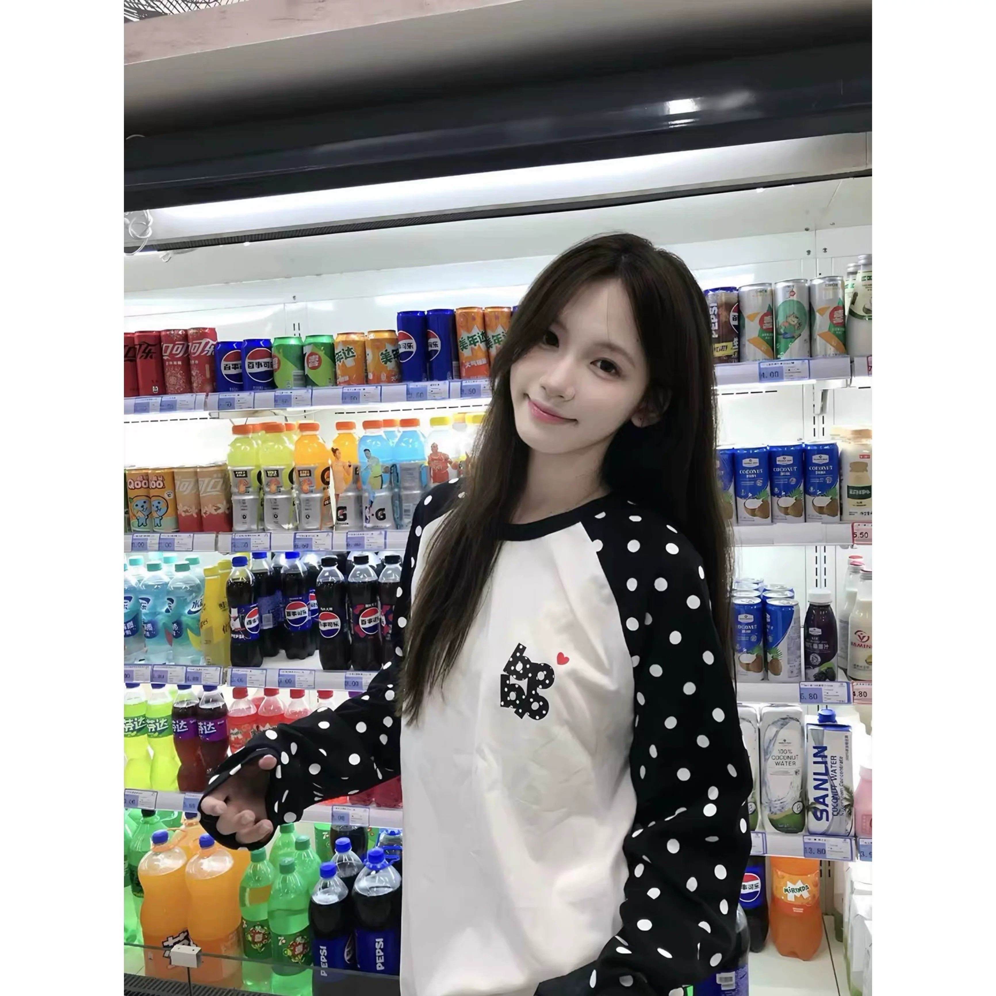 美式潮流插肩波点爱心长袖t恤女