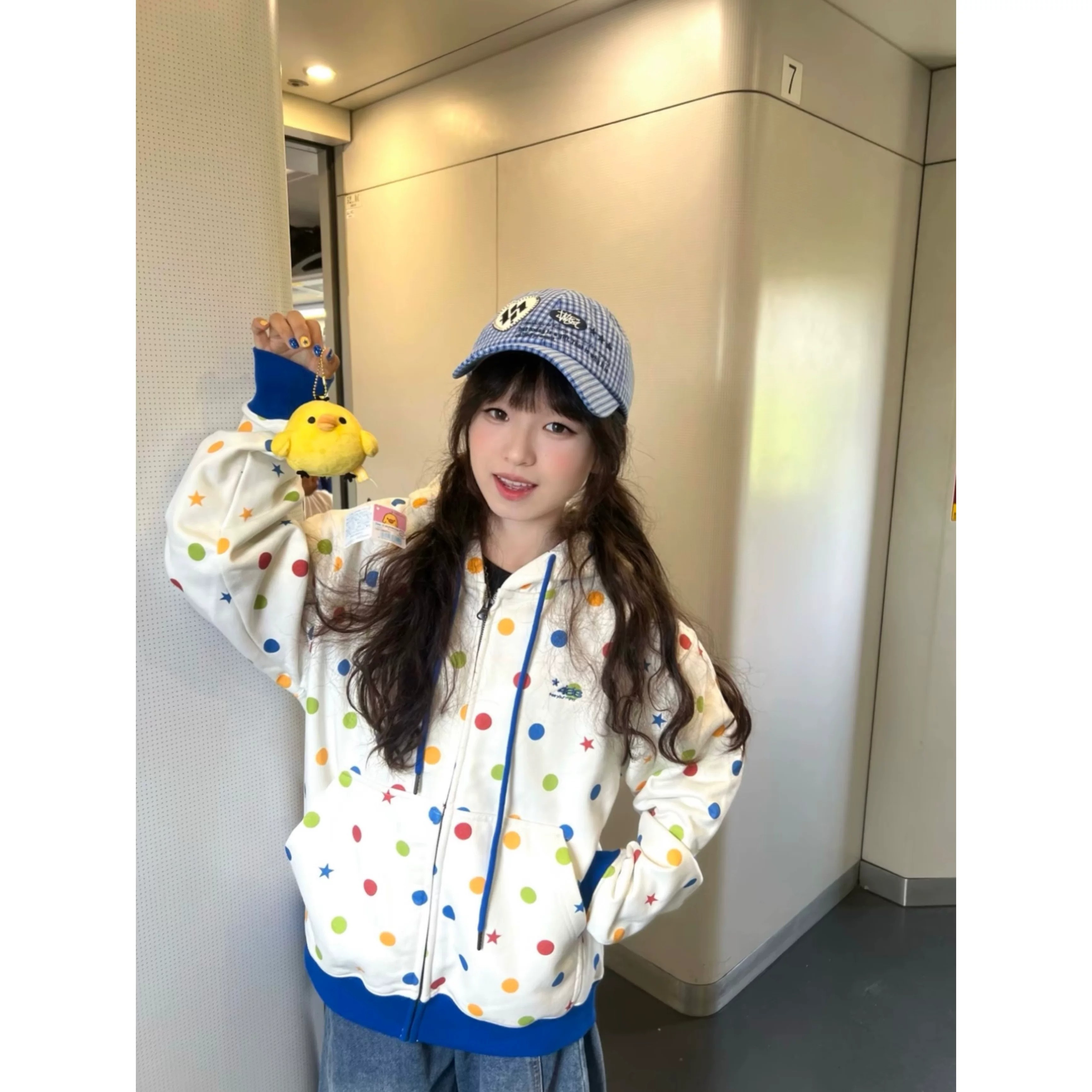 美式拼接彩色波点星星连帽卫衣女