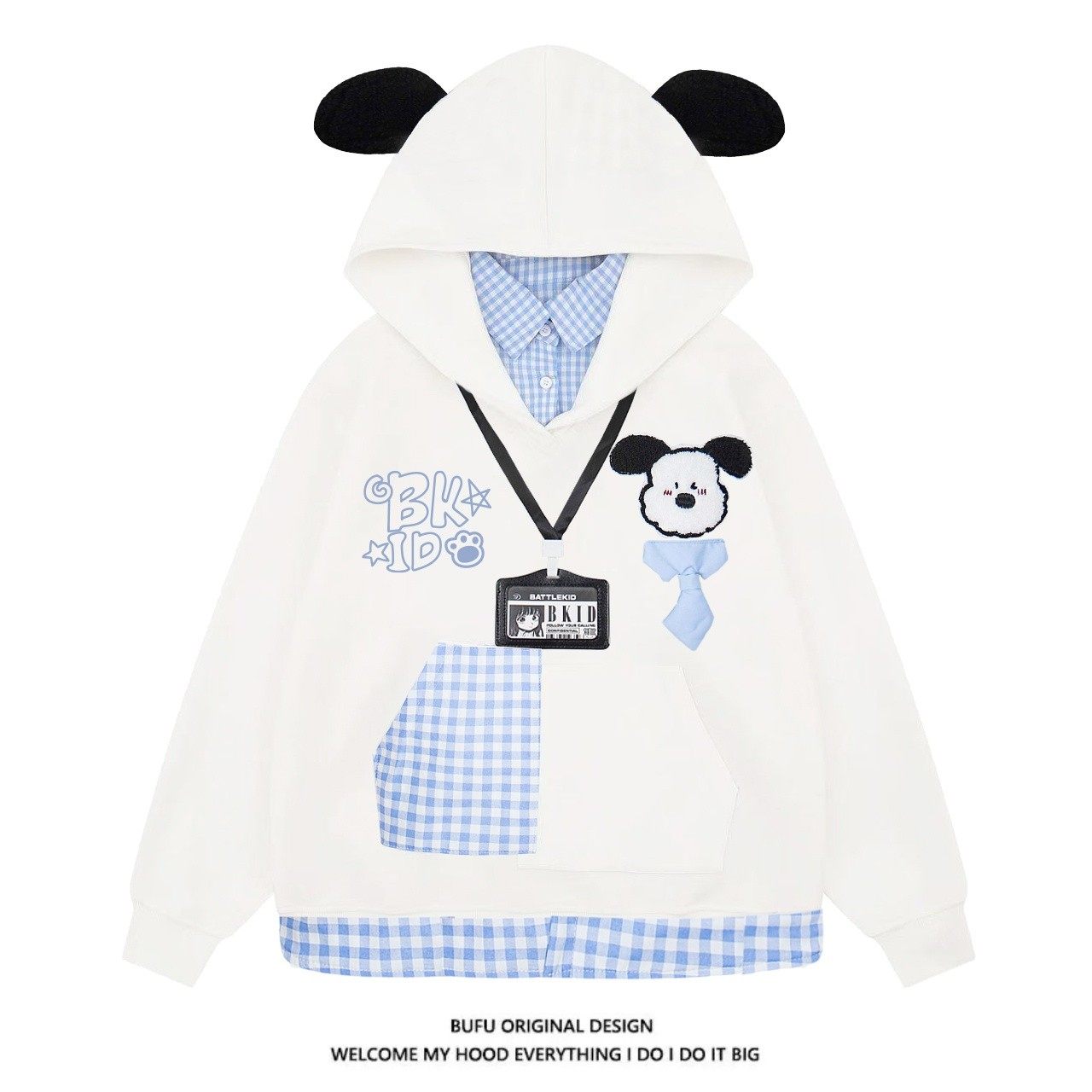 BKID可爱甜美风情侣格子连帽卫衣