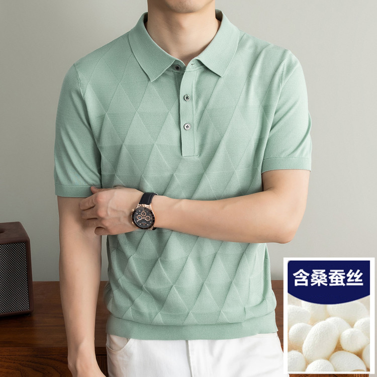 桑蚕丝微弹Polo衫男式T恤蚕丝翻领短袖青年净色通勤商务老钱风