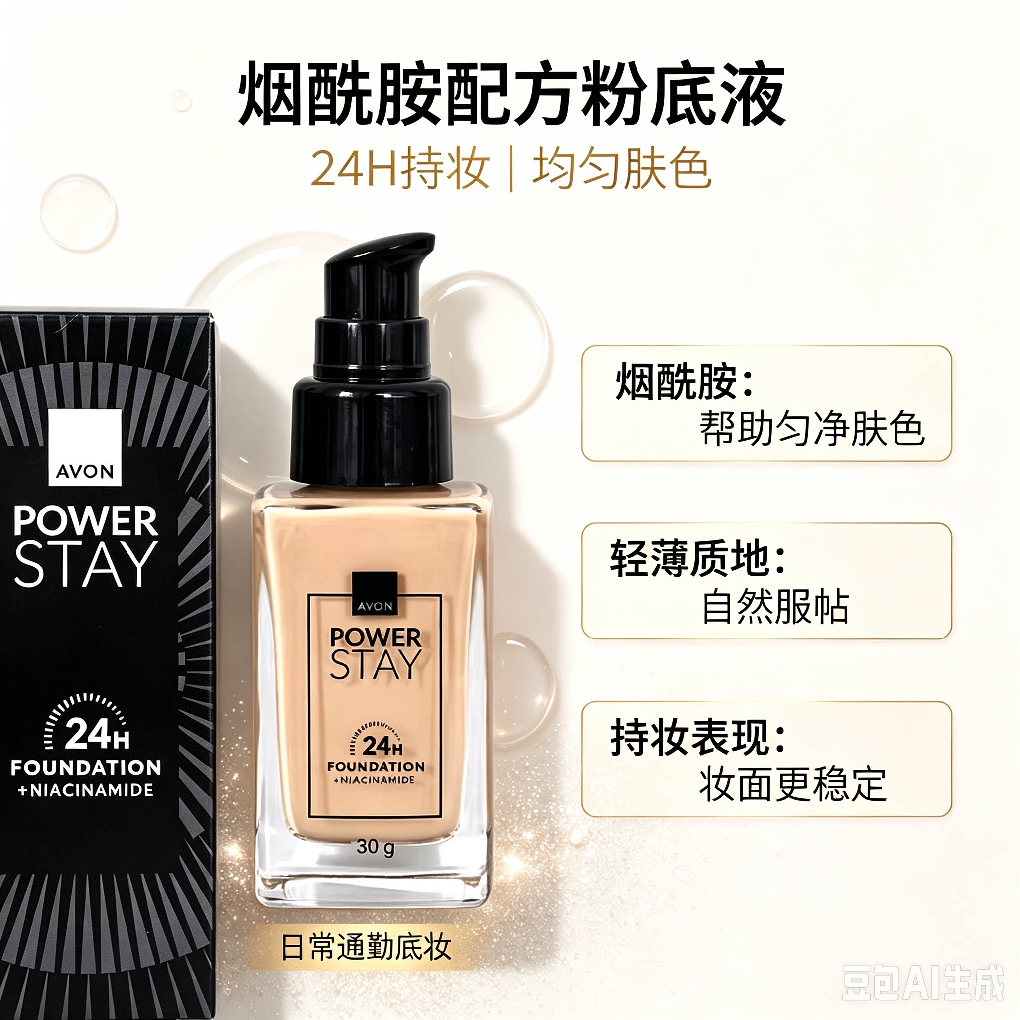 雅芳强力持妆粉底液30g 烟酰胺 24h持妆防水防汗轻薄服帖遮瑕