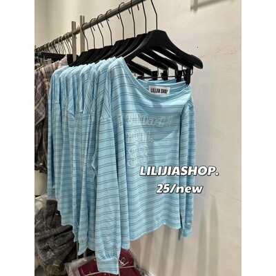 露肩条纹长袖T恤女宽松字母上衣