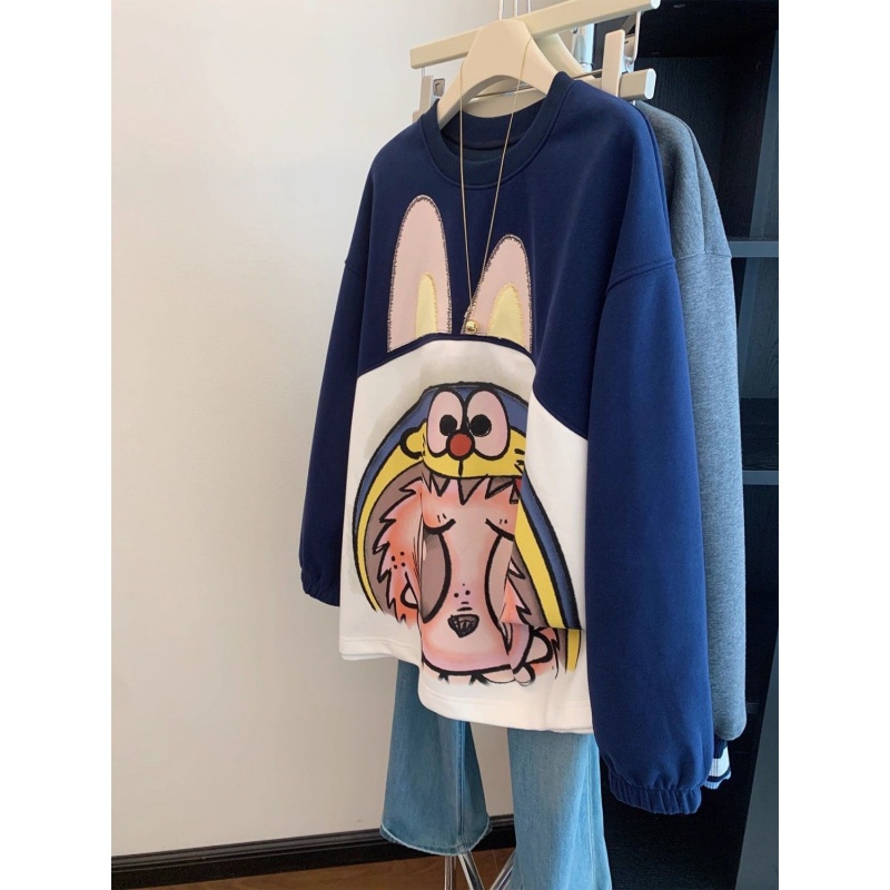 欧洲站卡通圆领套头卫衣女秋冬季新款大版宽松显瘦加绒加厚外套潮