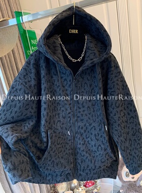 奥特莱斯~外贸余单豹纹拉链加厚加绒连帽卫衣外套宽松大版上衣女