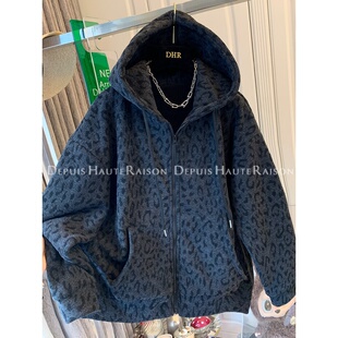 奥特莱斯~外贸余单豹纹拉链加厚加绒连帽卫衣外套宽松大版上衣女