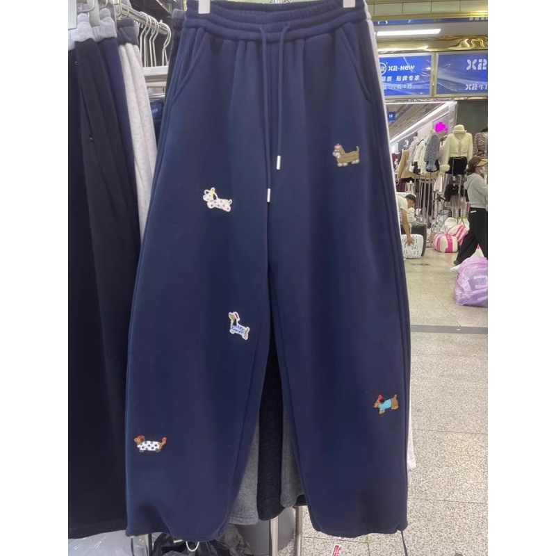 奥特莱斯~清仓捡漏宠物狗刺绣毛巾底卫裤宽松慵懒加绒加厚直筒裤