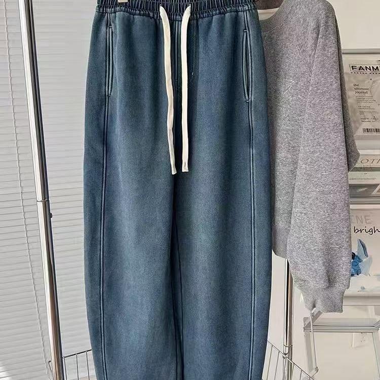 奥特莱斯~清仓捡漏加绒加厚牛仔裤女抽绳松紧高腰香蕉裤宽松长裤