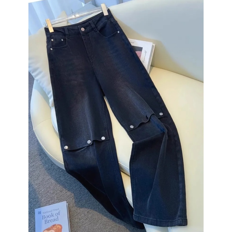 奥特莱斯~撤柜清仓烟灰色牛仔裤女秋季直筒显瘦小个子窄版阔腿裤