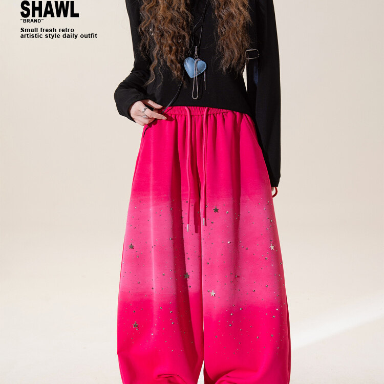 奥特莱斯~折扣大牌渐变烫钻阔腿运动裤女设计感显瘦直筒休闲长裤,女装/女士精品,大码裤装,淘宝优惠券,粉丝福利购,淘宝优惠卷