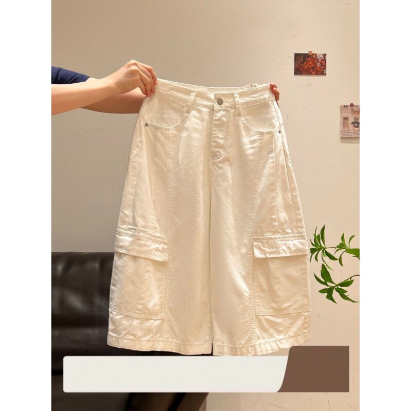 奥特莱斯~折扣大牌韩系工装风多口袋七分阔腿裤女宽松显瘦休闲裤