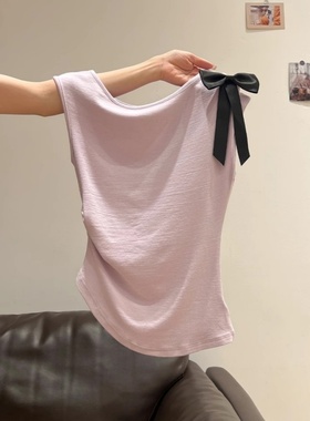 奥特莱斯~外贸余单浅紫色立体蝴蝶装饰撞色修身显瘦无袖T恤上衣女