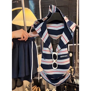 奥特莱斯 外贸余单辣妹运动连帽吊带背心女学院风挂脖露背上衣夏