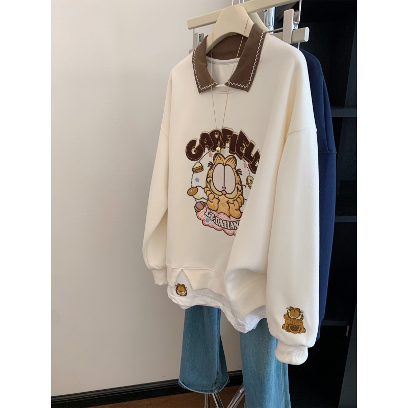 绣猫咪polo领加绒卫衣女秋冬