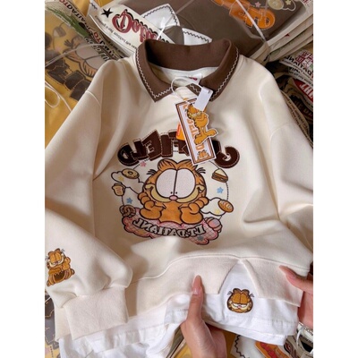 复古卡通刺绣polo领卫衣男女秋冬