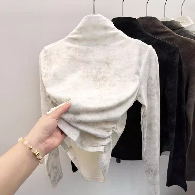 清仓尾货~专柜尾货德绒内搭扎染打底衫收腰褶皱t恤半高领保暖上衣