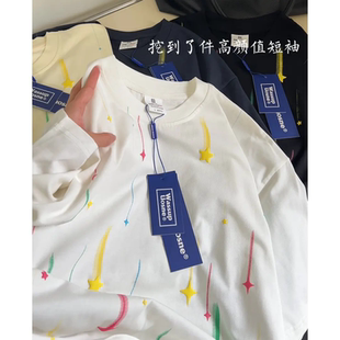 清仓尾货 t恤女国潮牌情侣宽松上衣 专柜尾货重磅星星印花美式 短袖