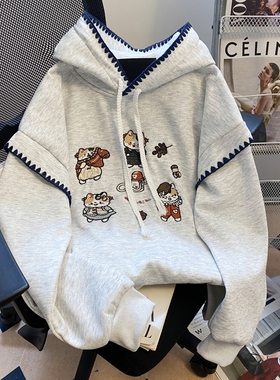 奥特莱斯~清仓捡漏设计感卡通猫咪刺绣加绒卫衣女小个子连帽外套