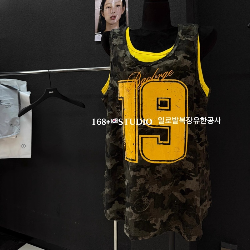 外贸出口余单高级感小众设计感吊带背心女宽松迷彩假两件无袖上衣