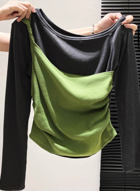 奥特莱斯~撤柜清仓设计感拼接斜领假两件长袖t恤女收腰显瘦上衣潮