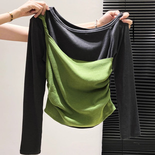 奥特莱斯 t恤女收腰显瘦上衣潮 撤柜清仓设计感拼接斜领假两件长袖