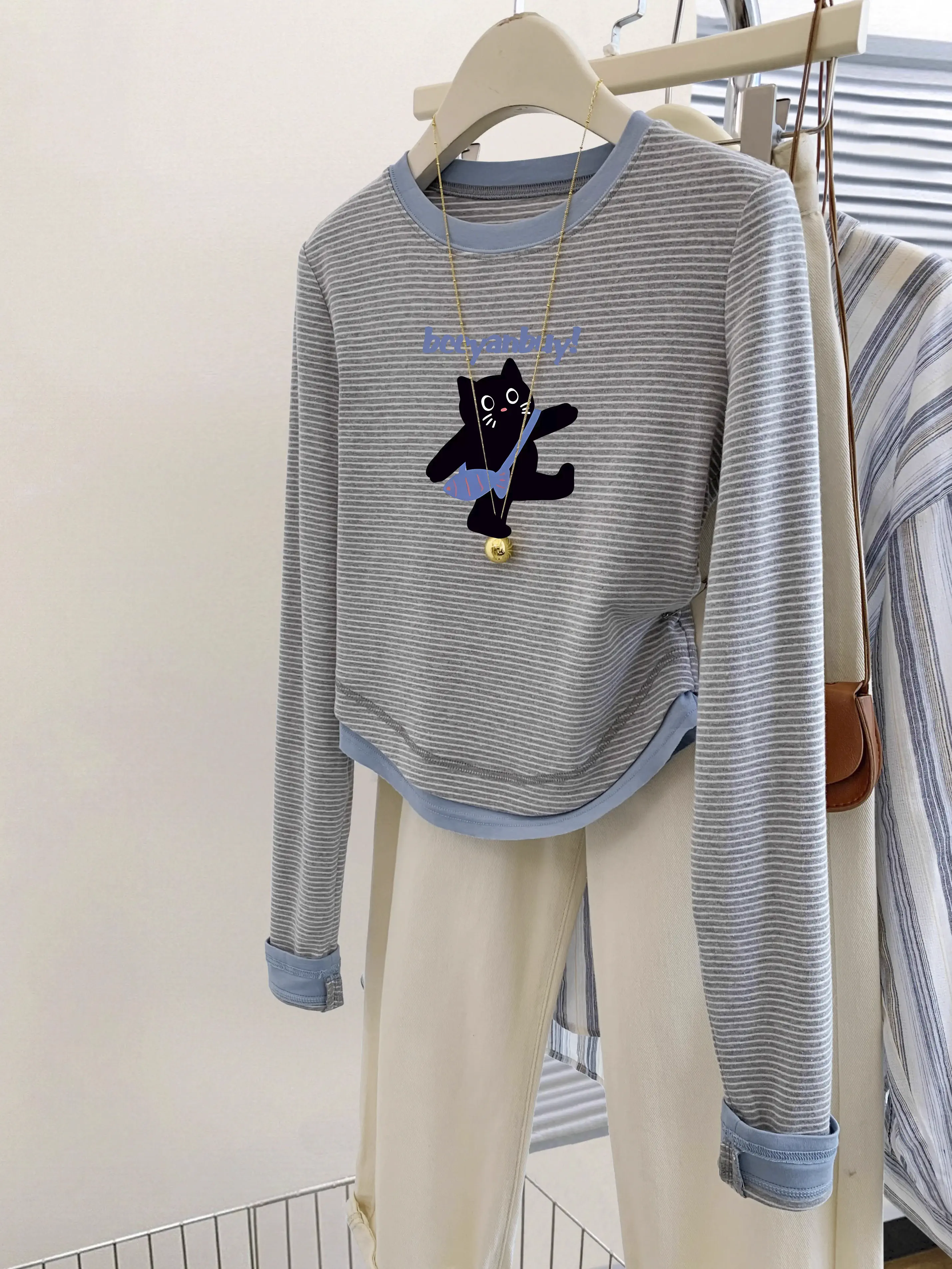 奥特莱斯~清仓捡漏条纹假两件长袖t恤女显瘦打底衫小个子正肩上衣