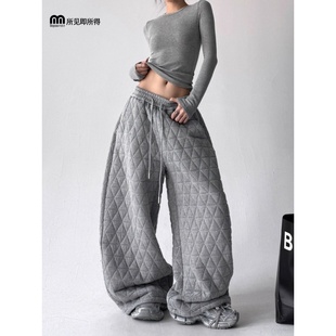 奥特莱斯~品牌折扣菱格棉裤女外穿时尚加厚防寒裤阔腿直筒休闲裤