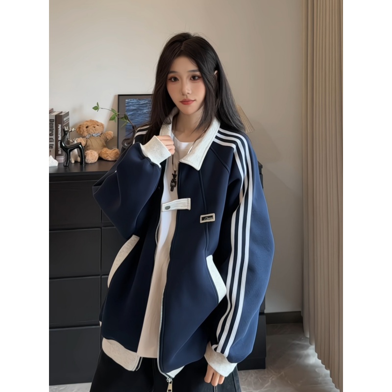 韩系学院风卫衣外套男女撞色