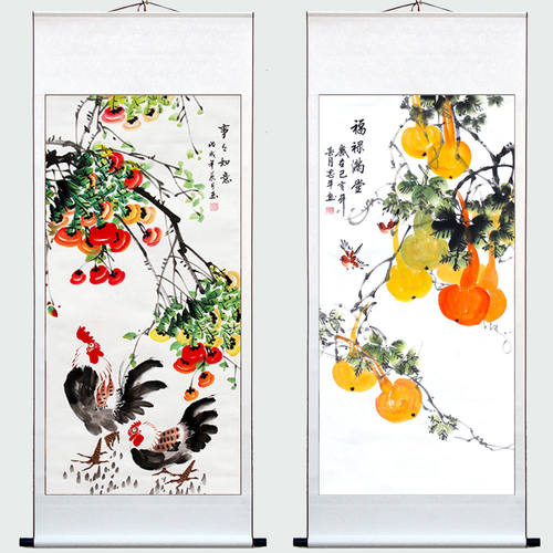 手绘公鸡荷花福禄事事大吉国画