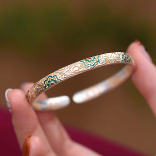 镀925银新品复古民族风珐琅宝相花手镯女士款轻奢高级感吉言