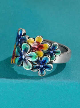 镀925银2024新款景泰蓝珐琅繁花似锦戒指大气复古民族风开口戒指